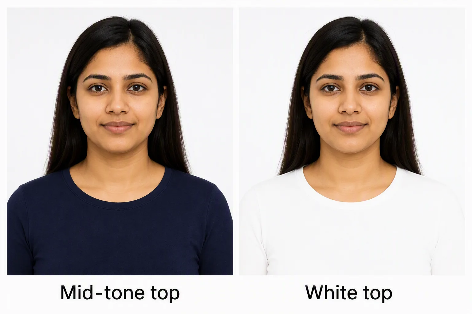 Solid mid-tone top versus a white top that blends into a white passport-photo background