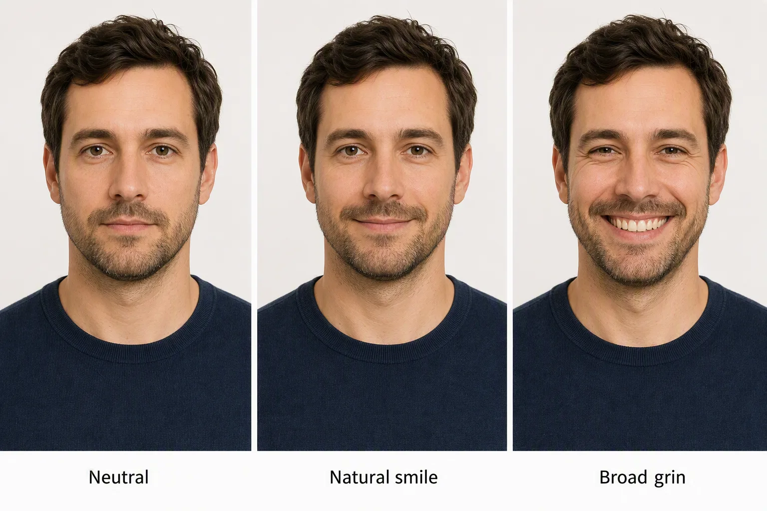 Closed-mouth neutral expression, a small natural smile and a broad grin compared for passport photos