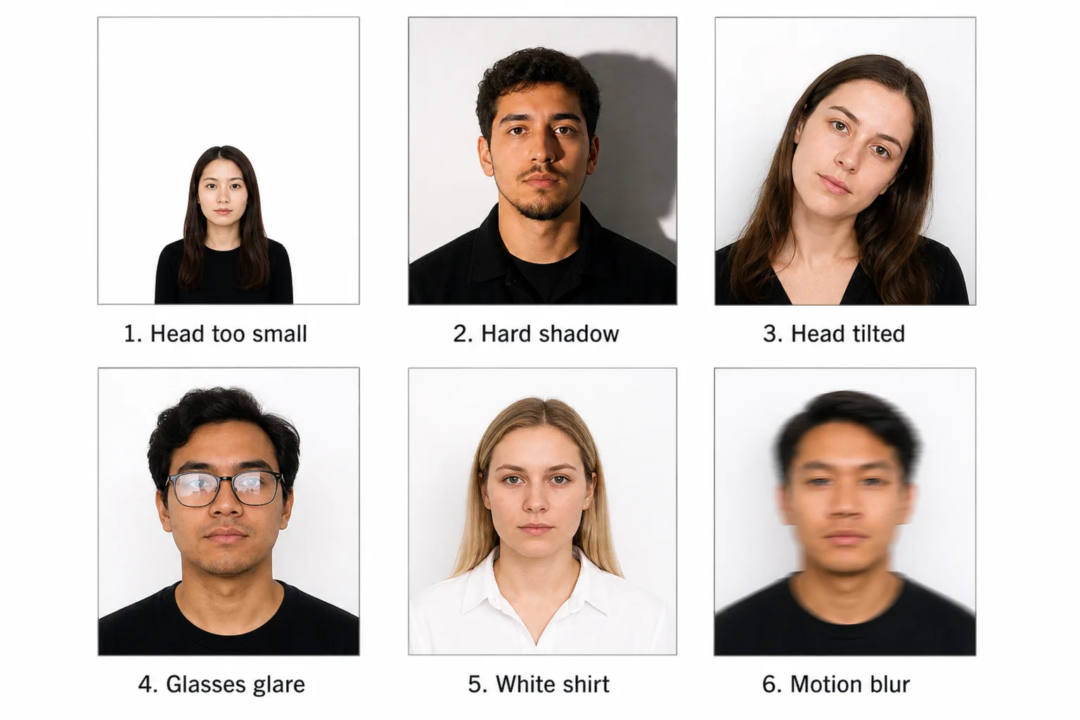 Six common passport photo mistakes including a small head, face shadow, tilted head, glasses glare, a white shirt on a white background and blur